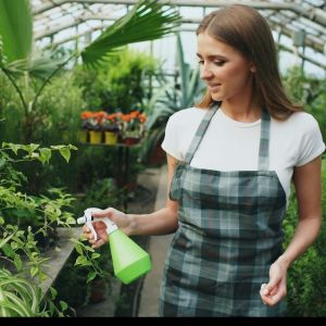 A woman watering plants.